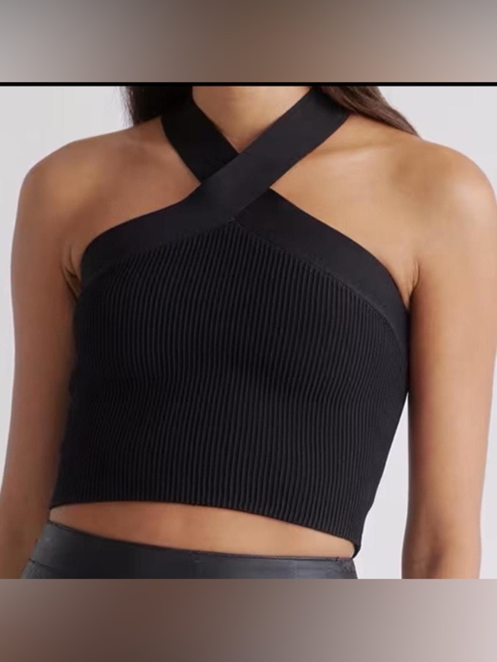 Aritzia Babaton Black Ribbed Cross-Neck Crop Top Size M